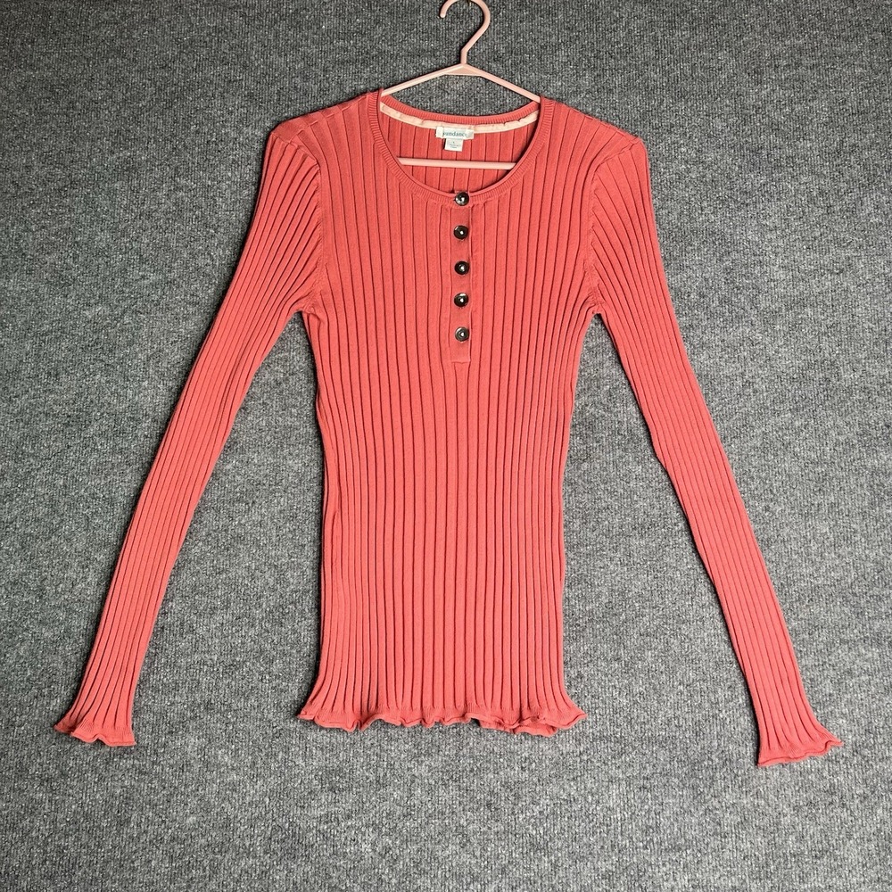 Sundance Coral Ribbed Henley Long Sleeve Large Organic Cotton Boho Stretch